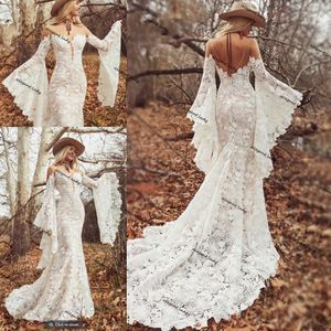 Lange Boho-Ärmel Brautkleider 2021, durchsichtig, O-Ausschnitt, Vintage-Häkelarbeit, kräftige Baumwollspitze, böhmische Hippie-Landbrautkleider