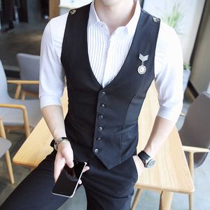 Epaulets Air Force Suits Västar Män Casual Ärmlös Business Bröllopsklänning Västar Klassisk nattklubb Bar Waistcoat Plus Storlek 210527