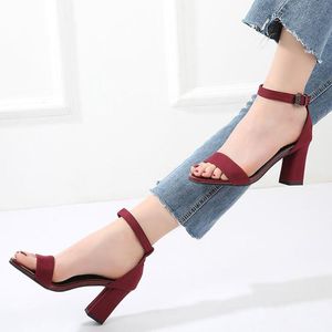 Dress Shoes 2021 One-word Buckle Sandals Women's Mid-heel High-heeled Thick Heel Comfortable Large Size Flock
