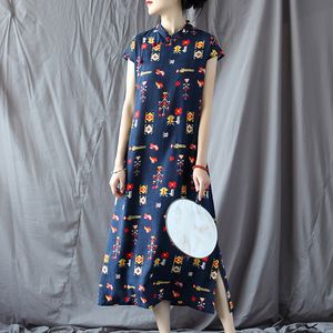 Johnature Kadınlar Patchwork Gömlek Elbise Keten Vintage Cheongsam Yaz Kısa Kollu Standı Gevşek Baskı Çiçek Kadın Elbise 210521