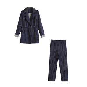 Wholesale two strips for sale - Group buy Navy Blue Notch Collar Blazer Pants Suit Two Pieces Stripped Set Office Lady Women T0266