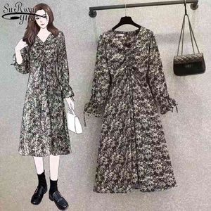 Mola de manga comprida chiffon vestido floral mulheres tamanho grande 4xl comprimento médio solto femme robe 12933 210427