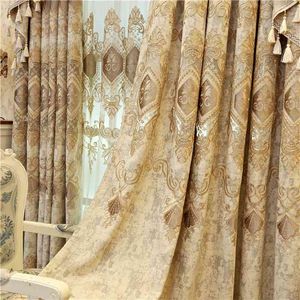 European and American luxury high quality elegant beige chenille embroidered blackout Curtain for living room windows bedroom 210913
