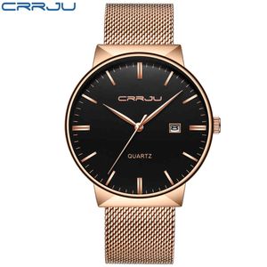 CRRJU Mens Gold watch casual Military Wristwatch Male Date Window Mesh Belt Quartz Watch Slim Clock relogio prata feminin 210517