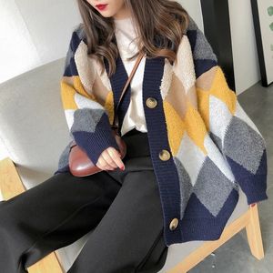 Modeplädmönster Patchowrk Furs Oversized Sweater Cardigan Vinter Kvinnor V-Hals Enstaka Förtjockningsmantel Coat 210416