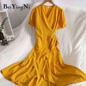 Beiyingni Frauen Midi Kleid Spitze-up einteiliges Casual Elegante Sommer Kurzarm V-ausschnitt Kleider Mode Koreanische Kleidung schwarz Robe Y1204