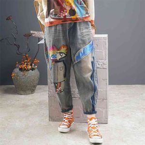 Осенние поступление женщин хлопок джинсовые брюки гарема эластичные талии мультфильм вышивка старинные свободные джинсы высокого качества D550 210512