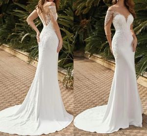 Abiti da sposa sexy a sirena trasparente Perle quadrate Sweep Train Pizzo Raso Tulle Mezza manica Abito da sposa Vestidos De Novia Custom Made 2022