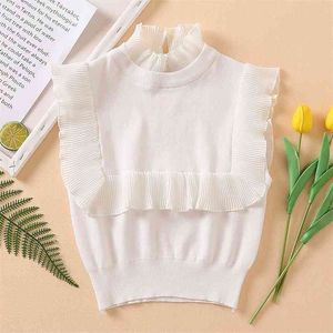 Sommar Kvinnor Ärmlös Tröja Toppar Solid O-Neck Pullovers Stickad Top Kvinna Fashion Street Ruffles Kläder 210513