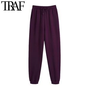 Women Chic Fashion Side Pockets Jogging Pants Vintage High Elastic Waist Drawstring Female Ankle Trousers Mujer 210507