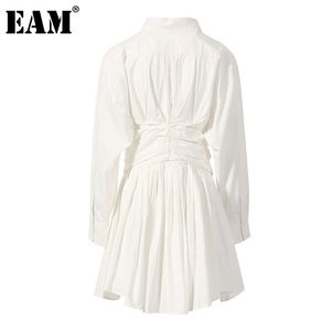 [EAM] Kadınlar Beyaz Geri Pileli Mizaç Gömlek Elbise Yaka Uzun Kollu Gevşek Fit Moda İlkbahar Sonbahar 1dD8074 210512