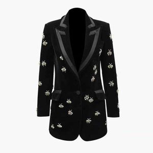Luxury Designer European Style Spring Fall Bees Beading Long Blazers Notched Black Velvet Slim Diamonds Plus Size Blazer X0721