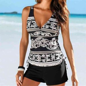 Dwuczęściowe stroje kąpielowe Kobiety Plus Size Stroje kąpielowe Tankini z szorty V Neck Tankinis Zestaw Swim Wear Black Print Bathing Suit 2XL 210611