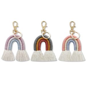 Neue Weberei Regenbogen Schlüsselanhänger für Frauen Boho handgemachte Schlüsselanhänger Schlüsselanhänger Makramee Tasche Charme Auto hängen Schmuck Geschenke G1019