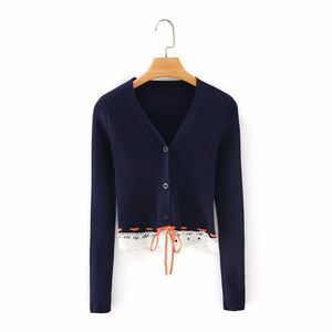 Evfer Süße Dame Patchwork Spitze Saum Feste Elastische Pullover Chic Mädchen Kordelzug Up Langarm Gestrickte Cardiagans 210421