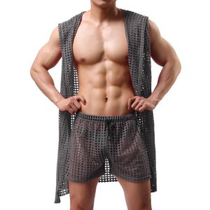 Men's Sleepwear 2PCS/Lots Mens Hooded Robe Shorts Pants Mesh Fishnet See Through Nightwear Long Night Gown Loose Pajamas Nightgown Bath