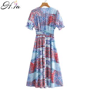 H.SA Women Summer Pleated Short Sleeve Sexy Split Chiffon Beach Vestidos Elastic Wasit Long Party Dress 210417