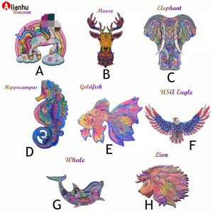 NEW! Wooden Jigsaw Puzzles Gifts Moose Elephant Sea Horse Goldfish Eagle Dolphin Lion Unique Arts and Crafts Animal Shaped Puzzle Gift for Adults Kids A3 A4 A5