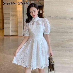 Backless Stand Collar Dress Woman Short Puff Sleeve Hollow out self white party dress female casualdesign vestido 210603