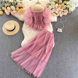 Korean Fashion Summer Clothes Women Sweet Mesh Two Piece Sets Sexy Crop Tops + Pleated Long Skirts Outfit Ladies Suits 210519
