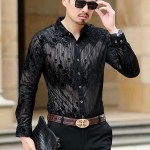 Hohl Koreanische Männer Hemd Langarm Blume Casual Kleid Hemd Herren Gold Samt Camisa Masculina Sexy Streetwear Soziale Kleidung 210527