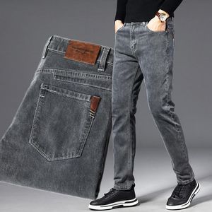 Mäns Jeans Slim Pour Homme Män Solid Grå Straight Business Stretch Trousers Casual Denim Byxor Trend Klädstorlek 28-40