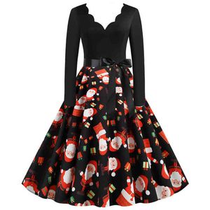 Sexy New Year Dress Christmas Dresses Women Printed Robe Femme Big Swing Elegant Party Dress V Neck Long Sleeve Dress Vestidos Y1204