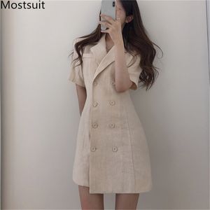 Sommar Koreansk bomullslinne Dubbelbröst Blazer Dress Kvinnor Kortärmad Notched Collar Fashion Office Mini Vestidos 210513