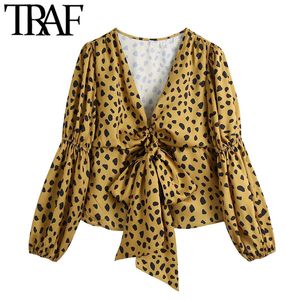 Traf Women Fashion with Bow bundna Leopard Print Bluses Vintage V Neck Långärmad kvinnliga skjortor Blusa Chic Tops 210415