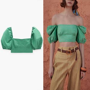 Women Tied Cropped Za Blouses Short Puff Sleeve Backless Sexy Summer Top Back Crossed Spaghetti Straps Vintage Green Shirt 210602