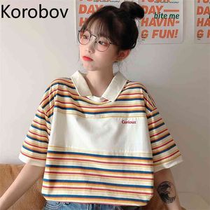 KOBOV ABLINHA CHURSA Curta Manga T Camiseta Mulheres Loose Caudal Cor listrado Tees Verão Novas Selvagens Top 2A600 210430