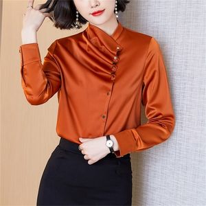Koreańska jedwabna koszula Satynowa bluzka Satynowa bluzka z długich rękawów Kobieta elegancka top plus rozmiar 3xl 220307