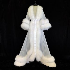Beyaz Çift Deluxe Abiye Kadınlar Elbiseler Kürk Gecelik Bornoz Pijama Gelin Robe Marabou / Charmeuse Sabahlık Elbise Parti Hediyeler Nedime Elbisesi