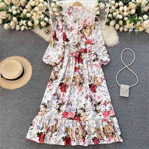 Seaside Holiday Retro Print Lapel Long Sleeve Loose Slim Casual Fashion Wooden Ear Dress Women Vestidos De Mujer R615 210527