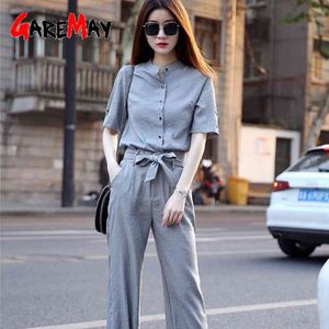 Women 2 Piece Summer Sets Short Sleeve Top Shirt and Pants Office Suits Casual 2 Womens Outfits Trousers 210428