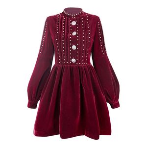 Svart Vin Röd Velvet Rivet Button Stand Collar Puff Sleeve Lång kort Mini Klänning Elegant Vinter Autum D0890 210514