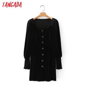 Moda Kobiety Black Velvet Puff Długi Rękaw Damski Ladies Vintage Mini Dress Vestidos 5x02 210416