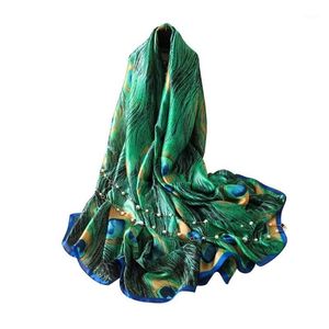 Scarves 180cm Green Peacock Feather Silk Shawl Scarf Spain Wrap Caps Bandanas Hijab Brand Arrval Luxury Beach Animal Lovely Fou O4H8