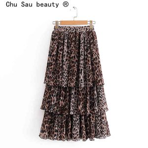 Chu Sau beauty Fashion Blogger Style Chiffon Leopard Print Midi Gonna Donna Vintage laminato elastico in vita Cake Gonne 210508