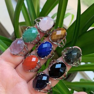 Pedra natural Anel de Cristal Cura Jóias Multifaceted Oval Ametistas Lapis Cristais Rosa Dedo Anéis Casamento De Party Para Mulheres