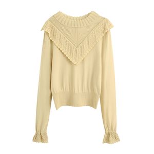 BLSQR Kvinnor Söt Ruffled Trim Stickad Sweater Fashion High Neck Flare Sleeve Kvinna Pullovers Kvinnors 210430