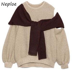 Neploe Japan Style秋ファッション甘いセーターセクシーなショルダーストラップレスニットトップスパフスリーブ偽の2ピースプルオーバー210423