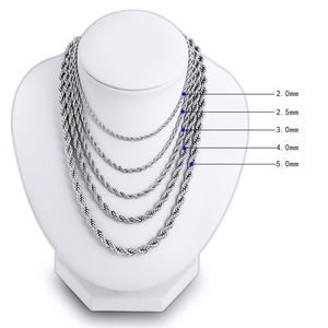 Stainless Steel Rope Chain Necklace 2-5mm Never Fade Waterproof Choker Necklaces Men Women Twist Hip Hop Jewelry 316L Sier Chains Gifts 18-24 Inches