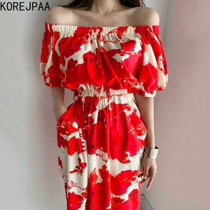 Korjpaa Kvinnor Klänning Koreanskt Chic Fashion Casual Vacation One-Word Collared Back Bundet med en båge Bundet Waist Print Dresses 210526