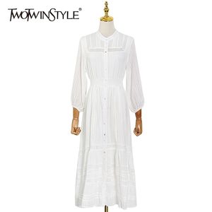 Biały Elegancki Patchwork Koronki Sukienka Dla Kobiet Stojak Kołnierz Z Długim Rękawem Wysoka Talia Koreański Midi Suknie Kobiet Moda 210520