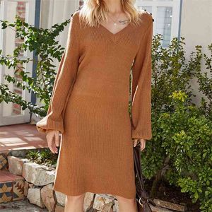 Dzianiny Vintage Sweter Sukienka V Neck Dorywczo Szary Midi Przycisk Latarnia Rękaw Podstawowa Jesień Zima 210427