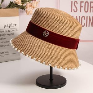 Wide Brim Hats 2021 Summer Bucket Hat For Women Solid Straw Pearl Designer Sun Outdoor Lady Female Beach Visors