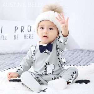 Baby Boy Pani Niemowląt Cartoon Dinozaur Kombinezon Formalny Enfant Bawełna Boutique Ubrania Z Długim Rękawem Romper 6-24 miesięcy 210615