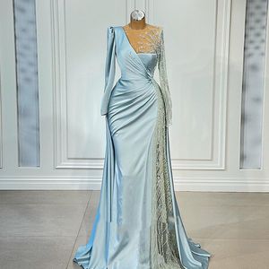 Sky blue Long Sleeve Arabic Evening Dress Elegant Satin Beaded Crystal Luxury Formal Prom Dresses vestidos de cerimonia mulher