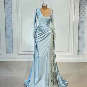 Long Sky Blue Sleeve Arabic Evening Dress Elegant Satin Beaded Crystal Formal Prom Dresses Vestidos De Cerimonia Mulher es